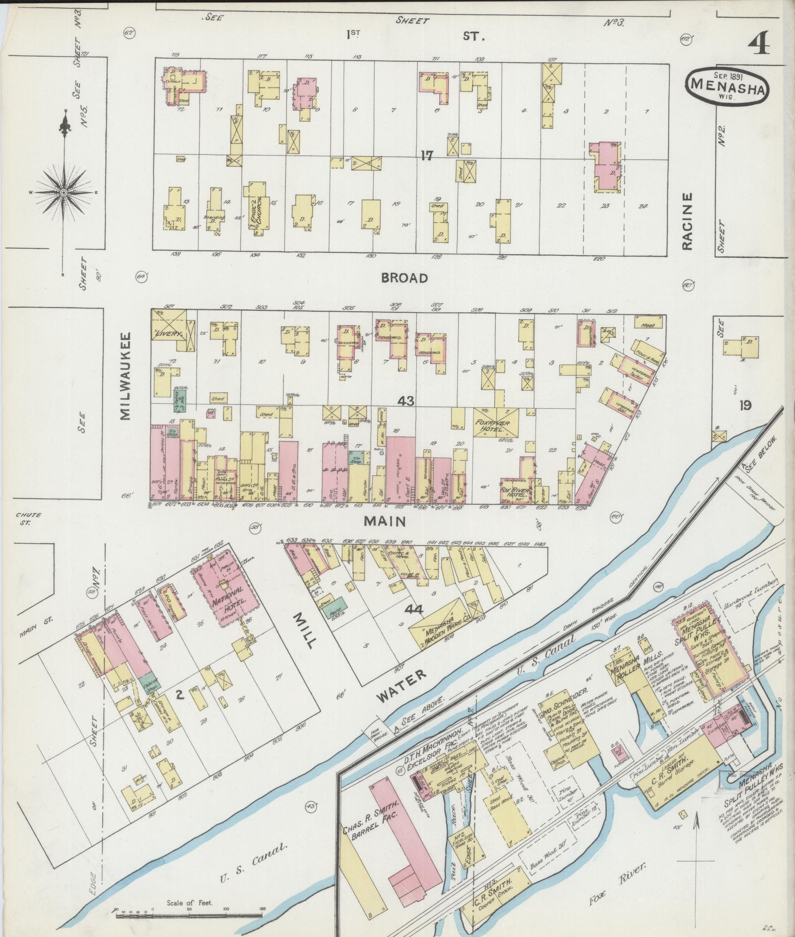 Sanborn Fire Insurance Map from Menasha, Winnebago County, Wisconsin (1891), Sheet #0004 - Historic Sanborn Fire Insurance Map Print, vintage old map wall art, antique decor, genealogy gift, Wisconsin Wisconsin map