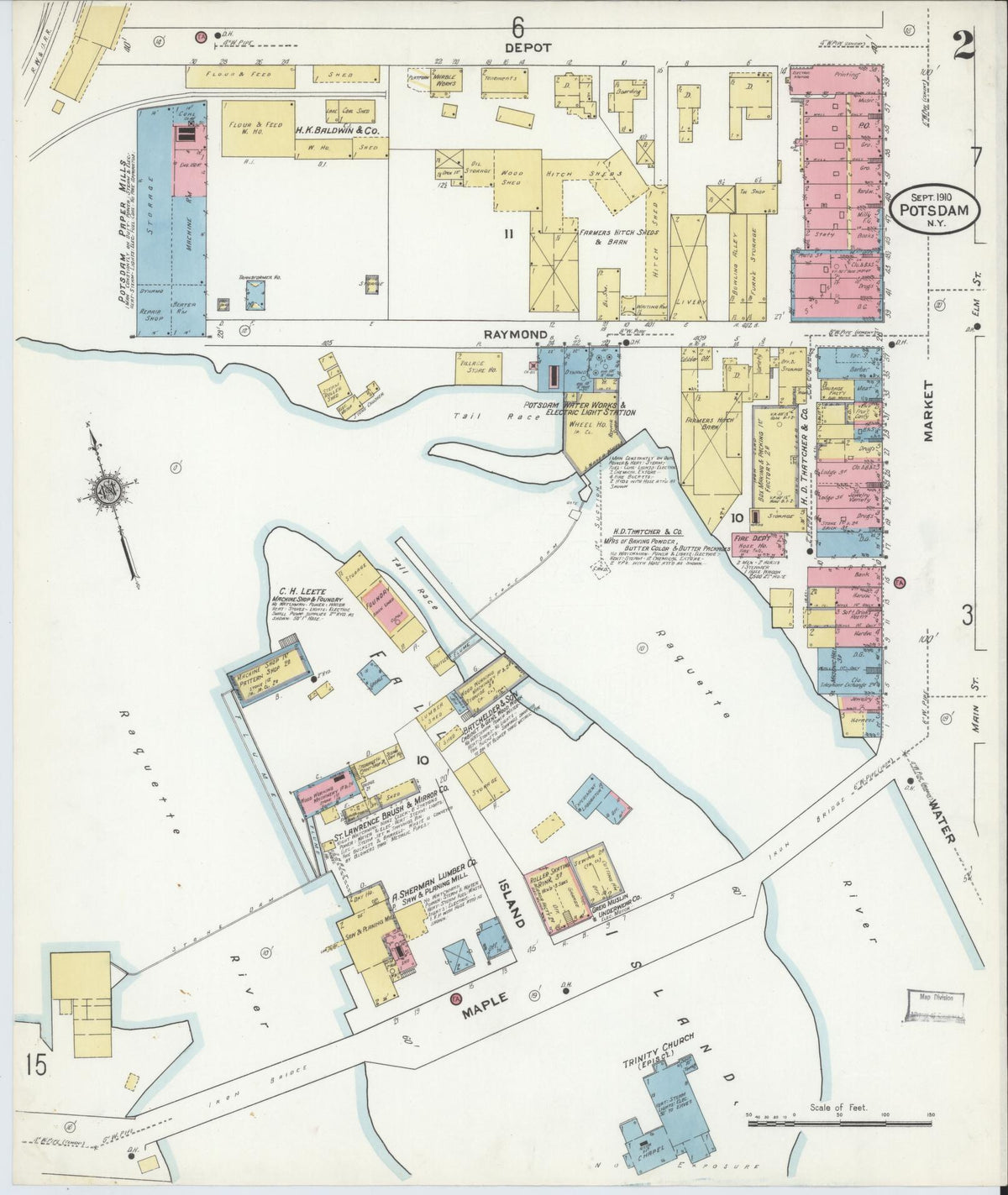 Sanborn Fire Insurance Map from Potsdam, St. Lawrence County, New York (1910), Sheet #0002 - Complete Map Set gallery image, historic Sanborn map, vintage wall art, New York New York