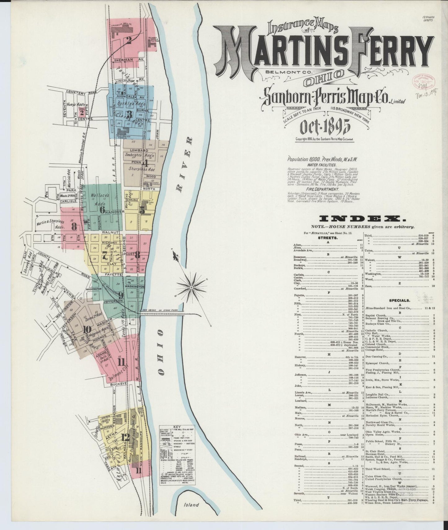 Sanborn Fire Insurance Map from Martins Ferry, Belmont County, Ohio (1895), Sheet #0001 - Historic Sanborn Fire Insurance Map Print, vintage old map wall art, antique decor, genealogy gift, Ohio Ohio map