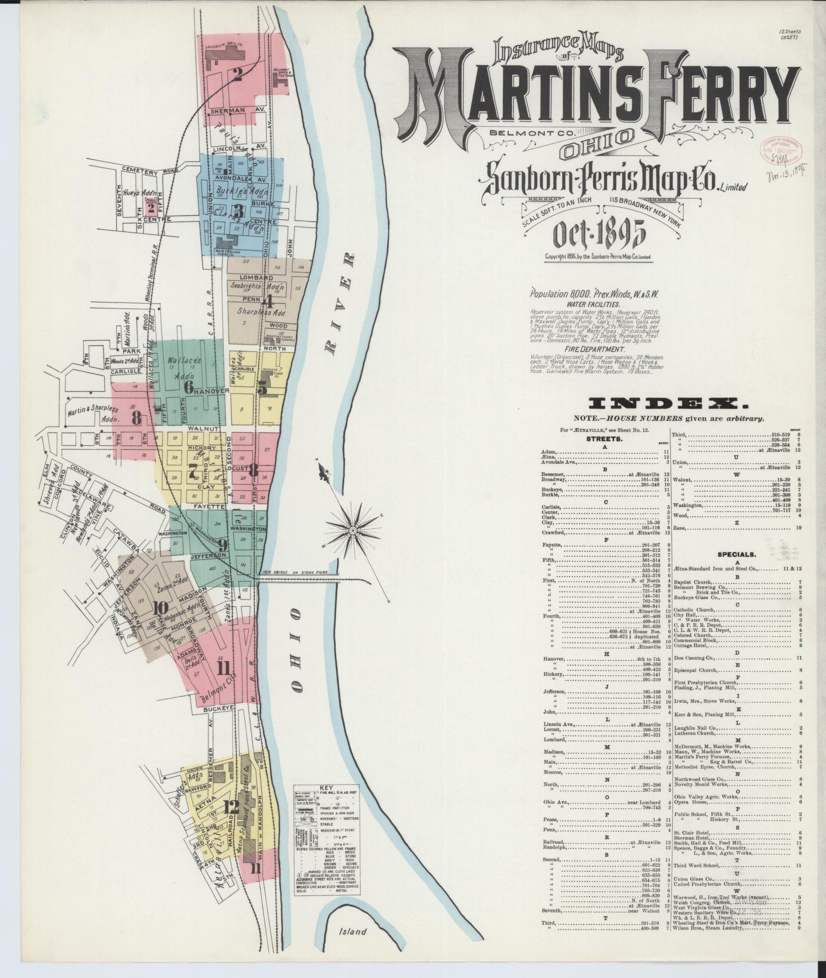 Sanborn Fire Insurance Map from Martins Ferry, Belmont County, Ohio (1895), Sheet #0001 - Historic Sanborn Fire Insurance Map Print, vintage old map wall art, antique decor, genealogy gift, Ohio Ohio map