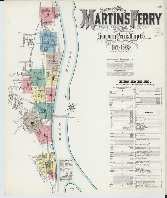 Sanborn Fire Insurance Map from Martins Ferry, Belmont County, Ohio (1895), Sheet #0001 - Historic Sanborn Fire Insurance Map Print, vintage old map wall art, antique decor, genealogy gift, Ohio Ohio map