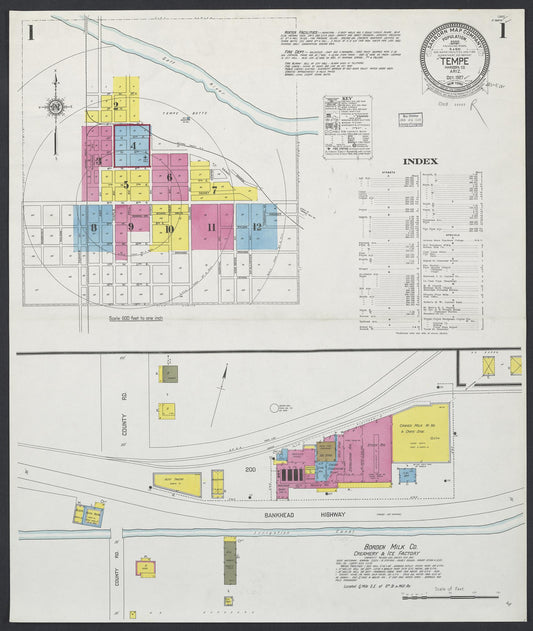 Sanborn Fire Insurance Map from Tempe, Maricopa County, Arizona (1927), Sheet #0001 - Historic Sanborn Fire Insurance Map Print, vintage old map wall art, antique decor, genealogy gift, Arizona Arizona map