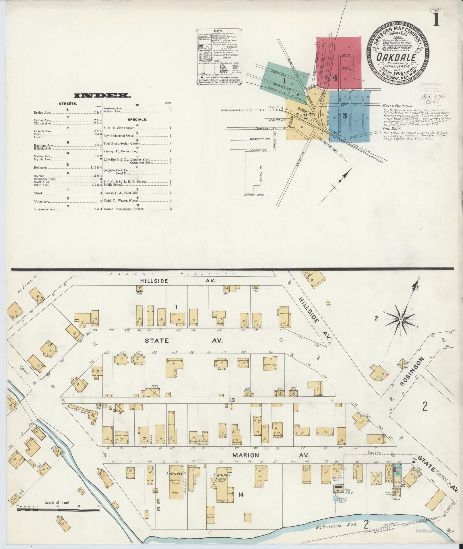 Sanborn Fire Insurance Map from Oakdale, Allegheny County, Pennsylvania (1908), Sheet #0001 - Complete Map Set gallery image, historic Sanborn map, vintage wall art, Pennsylvania Pennsylvania