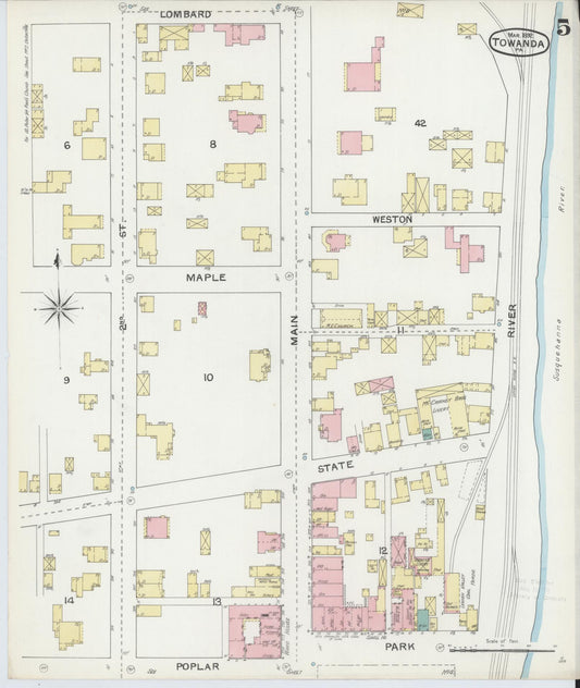Sanborn Fire Insurance Map from Towanda, Bradford County, Pennsylvania (1892), Sheet #0005 - Historic Sanborn Fire Insurance Map Print, vintage old map wall art, antique decor, genealogy gift, Pennsylvania Pennsylvania map