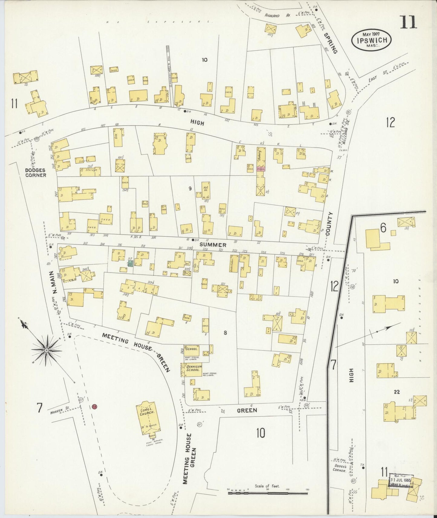 Sanborn Fire Insurance Map from Ipswich, Essex County, Massachusetts (1907), Sheet #0011 - Historic Sanborn Fire Insurance Map Print, vintage old map wall art, antique decor, genealogy gift, Massachusetts Massachusetts map