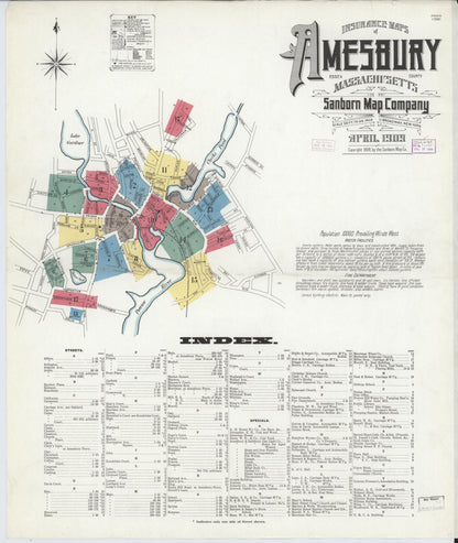 Sanborn Fire Insurance Map from Amesbury, Essex County, Massachusetts (1909), Sheet #0001 - Historic Sanborn Fire Insurance Map Print, vintage old map wall art, antique decor, genealogy gift, Massachusetts Massachusetts map