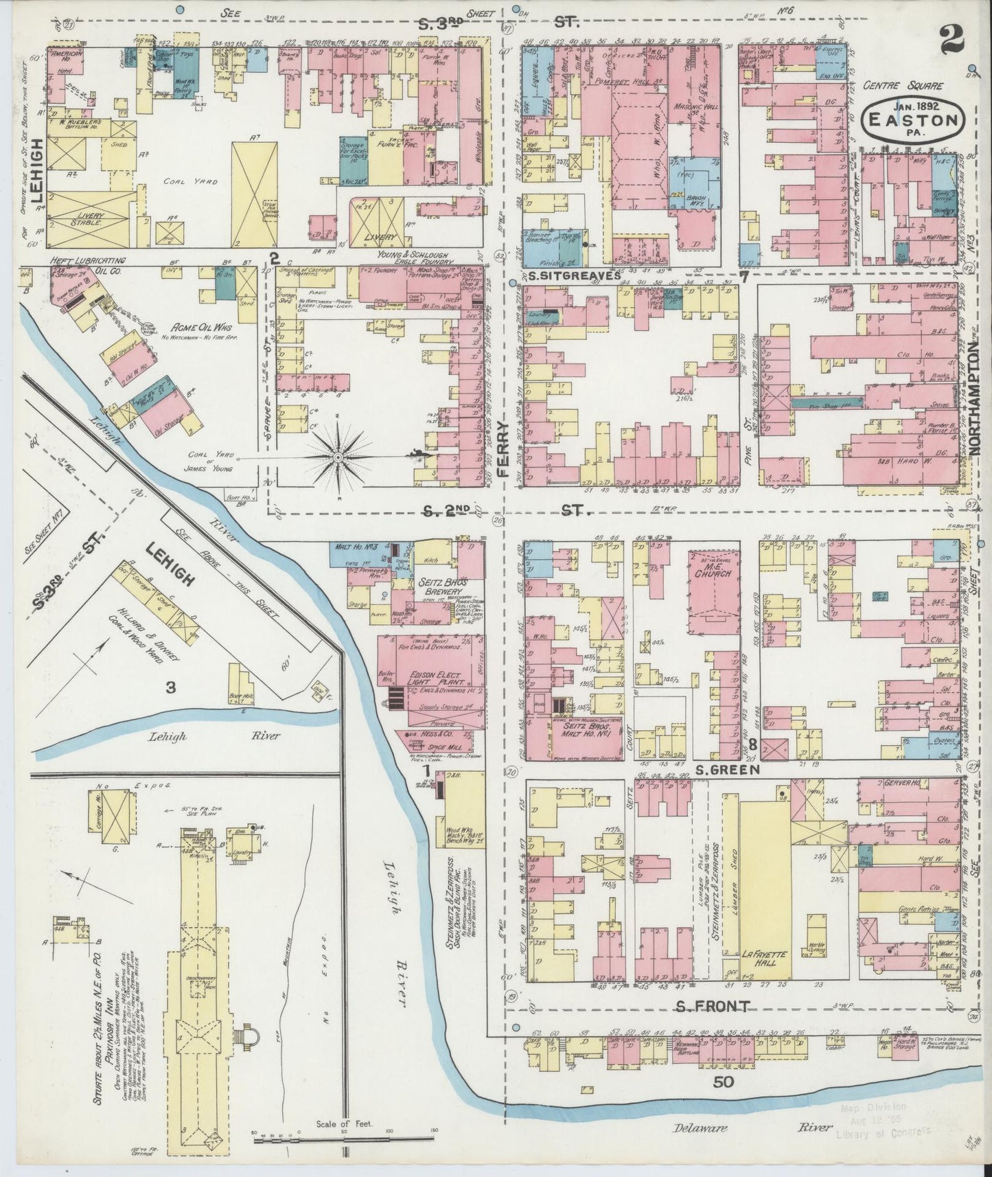 Sanborn Fire Insurance Map from Easton, Northampton County, Pennsylvania (1892), Sheet #0002 - Historic Sanborn Fire Insurance Map Print, vintage old map wall art, antique decor, genealogy gift, Pennsylvania Pennsylvania map