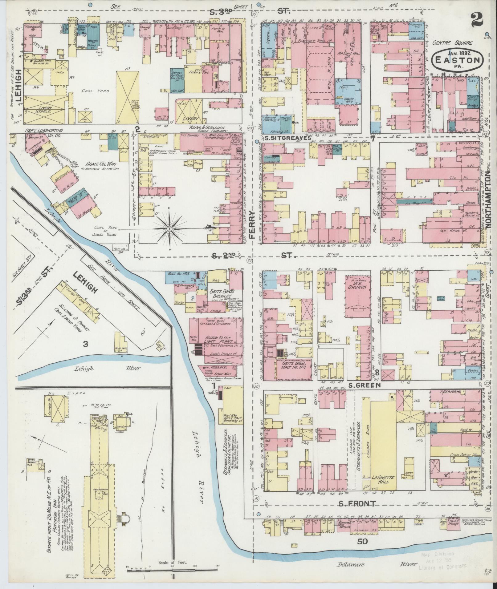 Sanborn Fire Insurance Map from Easton, Northampton County, Pennsylvania (1892), Sheet #0002 - Historic Sanborn Fire Insurance Map Print, vintage old map wall art, antique decor, genealogy gift, Pennsylvania Pennsylvania map