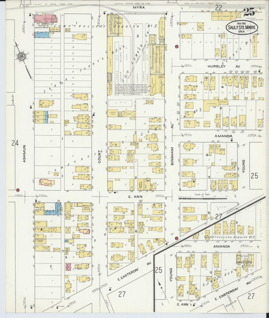 Sanborn Fire Insurance Map from Sault Sainte Marie, Chippewa County, Michigan (1915), Sheet #0025 - Historic Sanborn Fire Insurance Map Print, vintage old map wall art, antique decor, genealogy gift, Michigan Michigan map