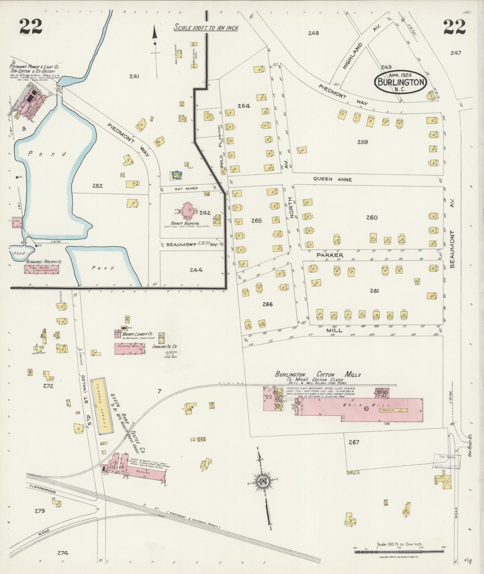 Sanborn Fire Insurance Map from Burlington, Alamance County, North Carolina (1924), Sheet #0022 - Historic Sanborn Fire Insurance Map Print, vintage old map wall art, antique decor, genealogy gift, North Carolina North Carolina map