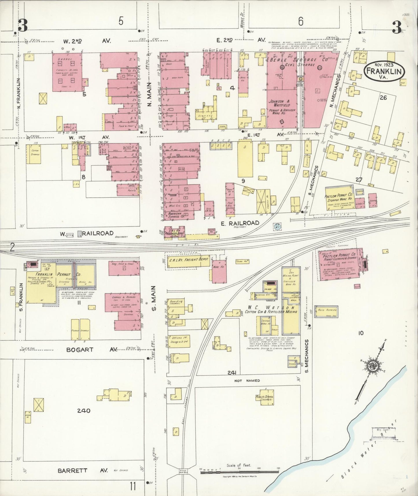 Sanborn Fire Insurance Map from Franklin, Independent Cities, Virginia (1923), Sheet #0003 - Complete Map Set gallery image, historic Sanborn map, vintage wall art, Virginia Virginia