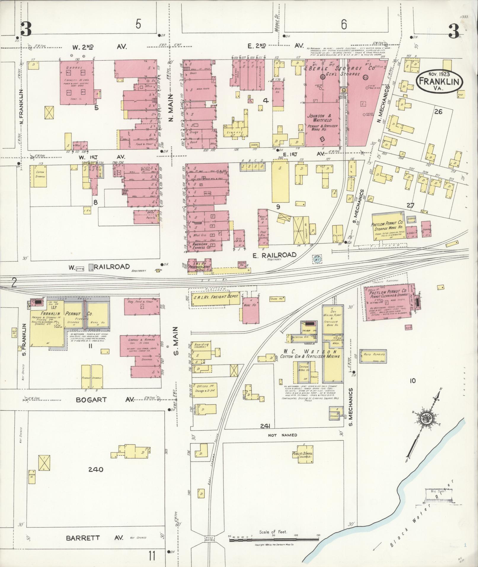Sanborn Fire Insurance Map from Franklin, Independent Cities, Virginia (1923), Sheet #0003 - Complete Map Set gallery image, historic Sanborn map, vintage wall art, Virginia Virginia