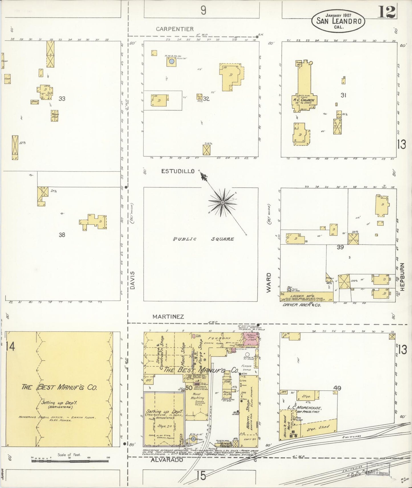 Sanborn Fire Insurance Map from San Leandro, Alameda County, California (1907), Sheet #0012 - Complete Map Set gallery image, historic Sanborn map, vintage wall art, California California