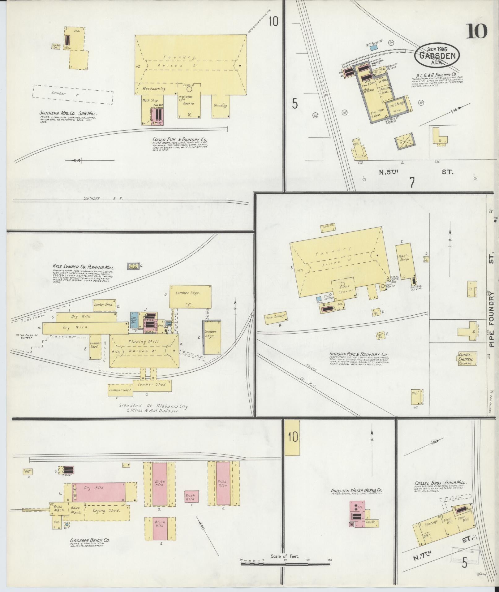 Sanborn Fire Insurance Map from Gadsden, Etowah County, Alabama (1905), Sheet #0010 - Complete Map Set gallery image, historic Sanborn map, vintage wall art, Alabama Alabama