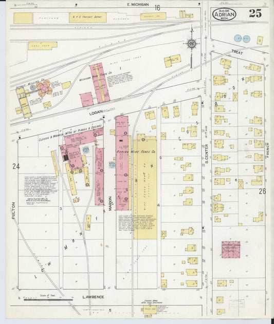 Sanborn Fire Insurance Map from Adrian, Lenawee County, Michigan (1916), Sheet #0025 - Historic Sanborn Fire Insurance Map Print, vintage old map wall art, antique decor, genealogy gift, Michigan Michigan map