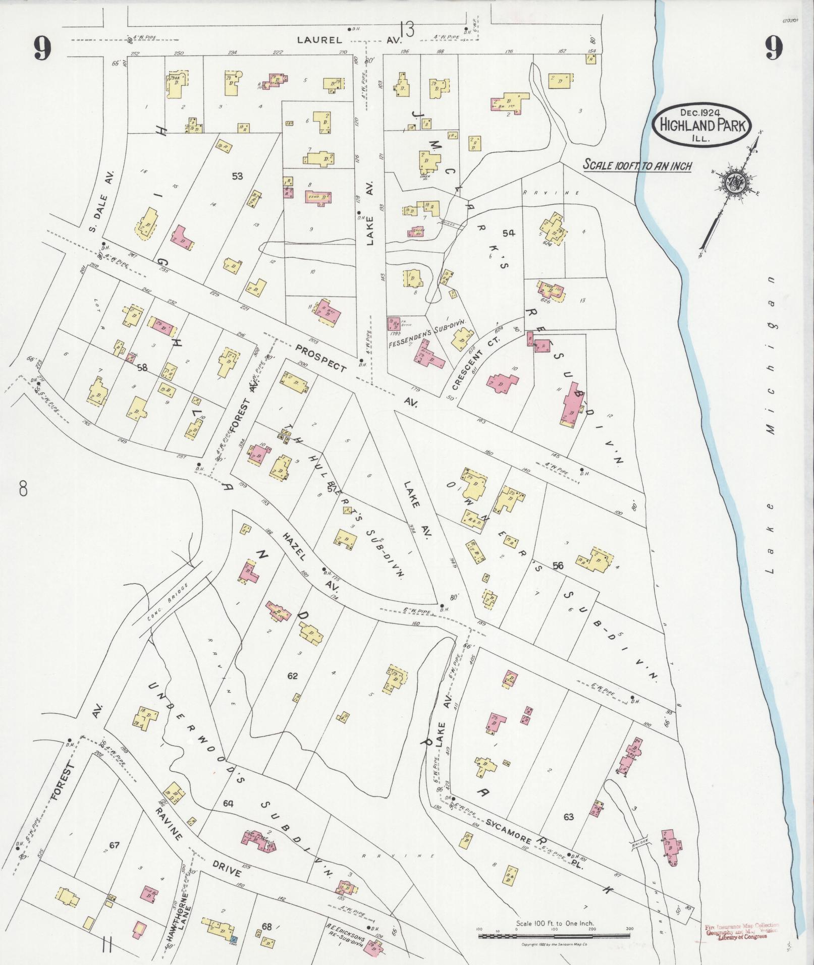 Sanborn Fire Insurance Map from Highland Park, Lake County, Illinois (1924), Sheet #0009 - Historic Sanborn Fire Insurance Map Print, vintage old map wall art, antique decor, genealogy gift, Illinois Illinois map