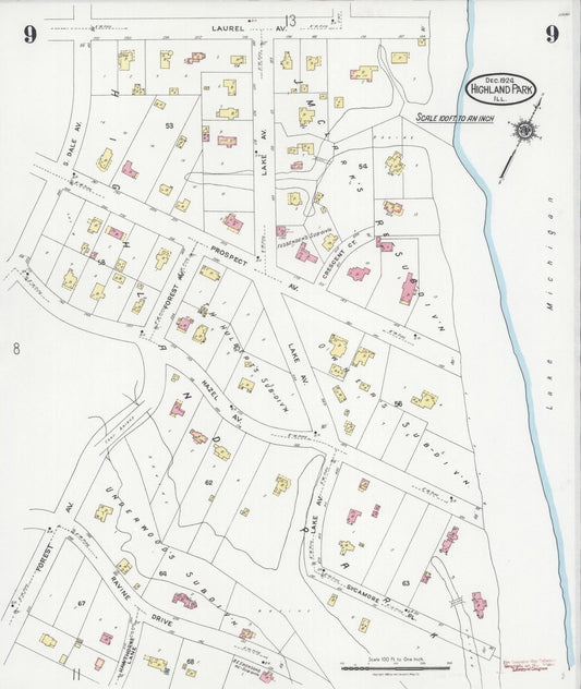 Sanborn Fire Insurance Map from Highland Park, Lake County, Illinois (1924), Sheet #0009 - Historic Sanborn Fire Insurance Map Print, vintage old map wall art, antique decor, genealogy gift, Illinois Illinois map