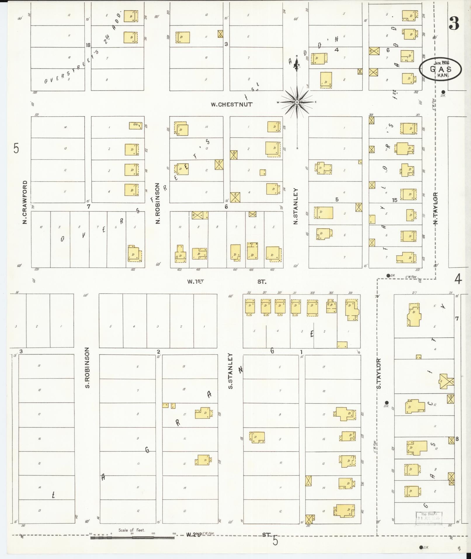 Sanborn Fire Insurance Map from Gas, Allen County, Kansas (1906), Sheet #0003 - Historic Sanborn Fire Insurance Map Print, vintage old map wall art, antique decor, genealogy gift, Kansas Kansas map