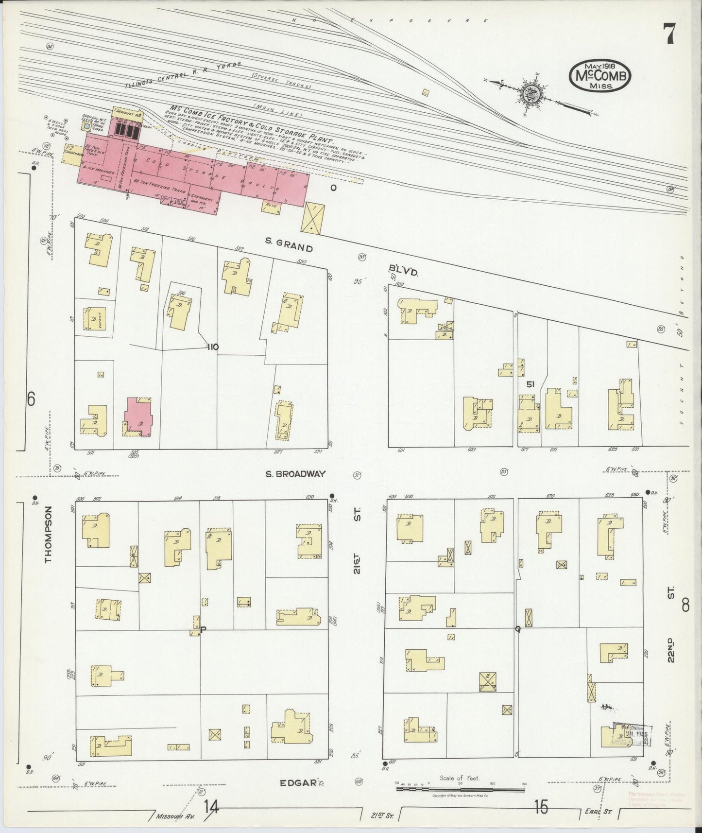 Sanborn Fire Insurance Map from McComb, Pike County, Mississippi (1918), Sheet #0007 - Historic Sanborn Fire Insurance Map Print, vintage old map wall art, antique decor, genealogy gift, Mississippi Mississippi map
