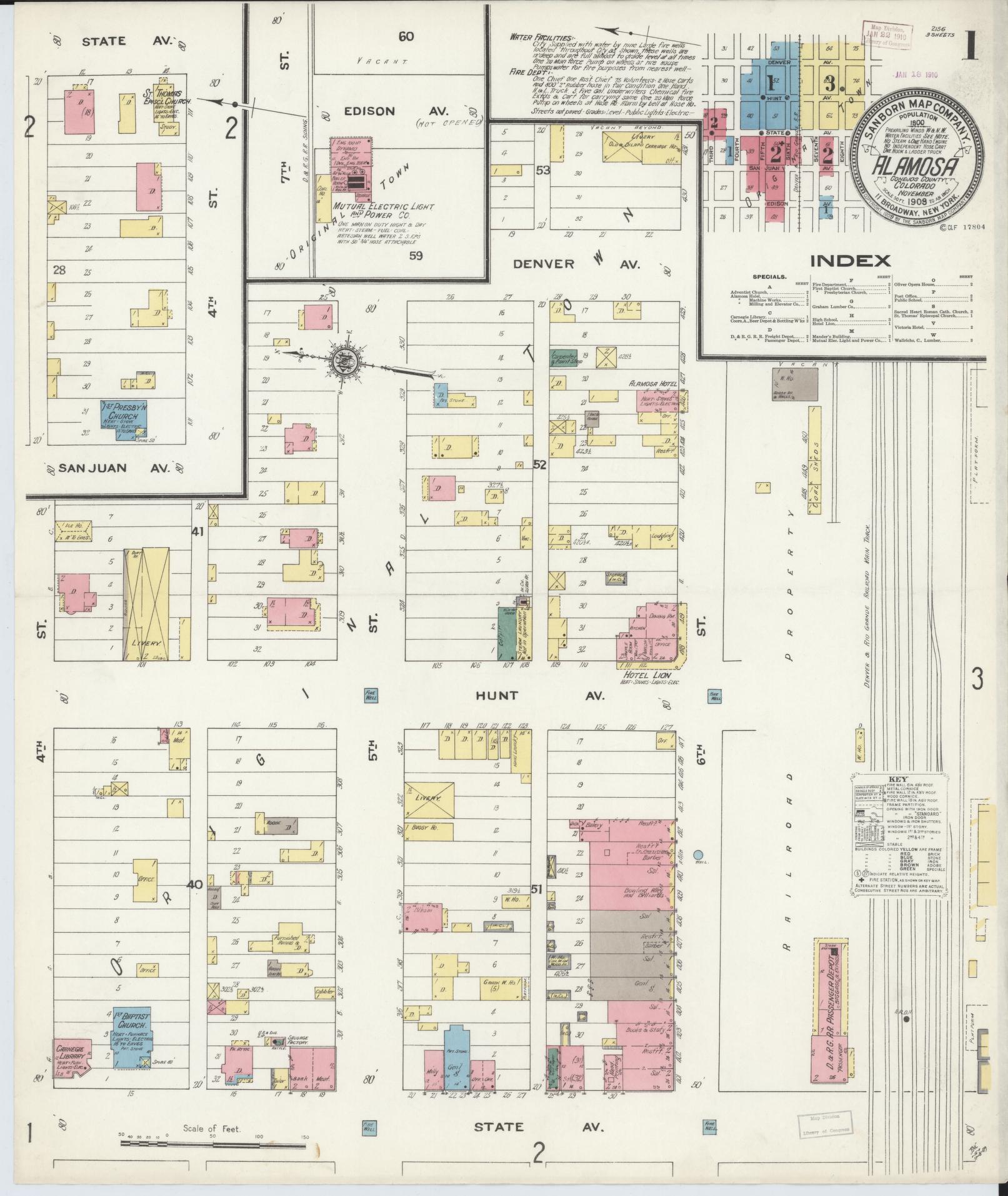 Sanborn Fire Insurance Map from Alamosa, Alamosa County, Colorado (1909), Sheet #0001 - Complete Map Set gallery image, historic Sanborn map, vintage wall art, Colorado Colorado