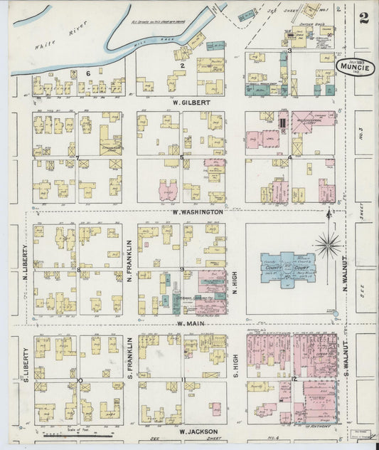 Sanborn Fire Insurance Map from Muncie, Delaware County, Indiana (1889), Sheet #0002 - Historic Sanborn Fire Insurance Map Print, vintage old map wall art, antique decor, genealogy gift, Indiana Indiana map