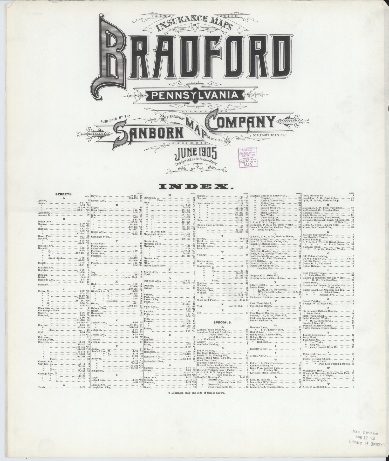 Sanborn Fire Insurance Map from Bradford, McKean County, Pennsylvania (1905), Sheet #0001 - Historic Sanborn Fire Insurance Map Print, vintage old map wall art, antique decor, genealogy gift, Pennsylvania Pennsylvania map