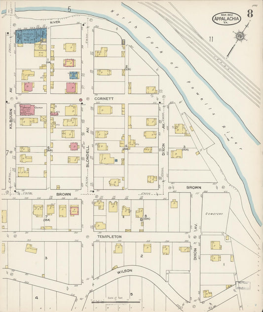 Sanborn Fire Insurance Map from Appalachia, Wise County, Virginia (1922), Sheet #0008 - Historic Sanborn Fire Insurance Map Print, vintage old map wall art, antique decor, genealogy gift, Virginia Virginia map