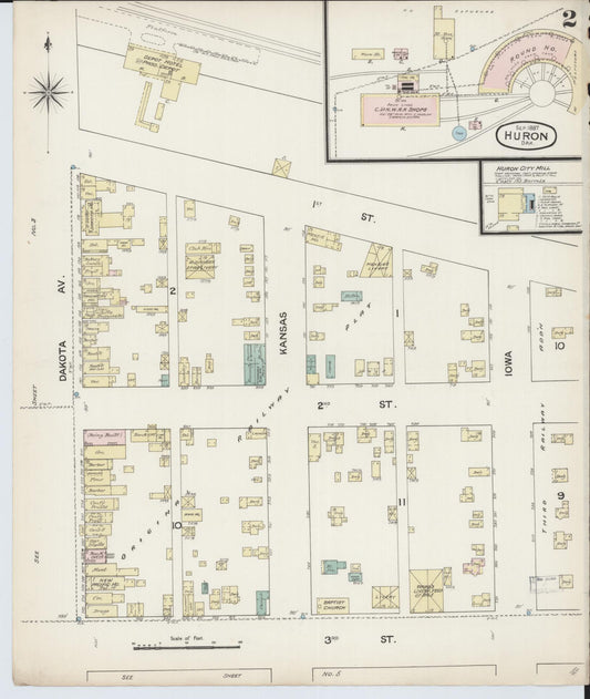 Sanborn Fire Insurance Map from Huron, Beadle County, South Dakota (1887), Sheet #0002 - Historic Sanborn Fire Insurance Map Print, vintage old map wall art, antique decor, genealogy gift, South Dakota South Dakota map