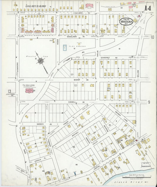 Sanborn Fire Insurance Map from Massena, St. Lawrence County, New York (1918), Sheet #0014 - Historic Sanborn Fire Insurance Map Print, vintage old map wall art, antique decor, genealogy gift, New York New York map
