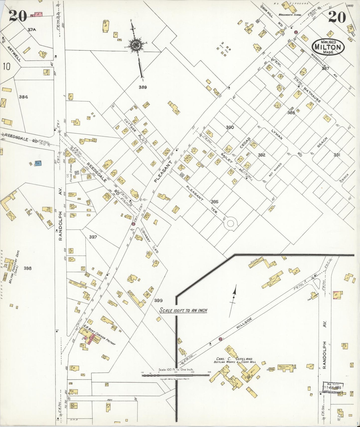 Sanborn Fire Insurance Map from Milton, Norfolk County, Massachusetts (1923), Sheet #0020 - Historic Sanborn Fire Insurance Map Print, vintage old map wall art, antique decor, genealogy gift, Massachusetts Massachusetts map