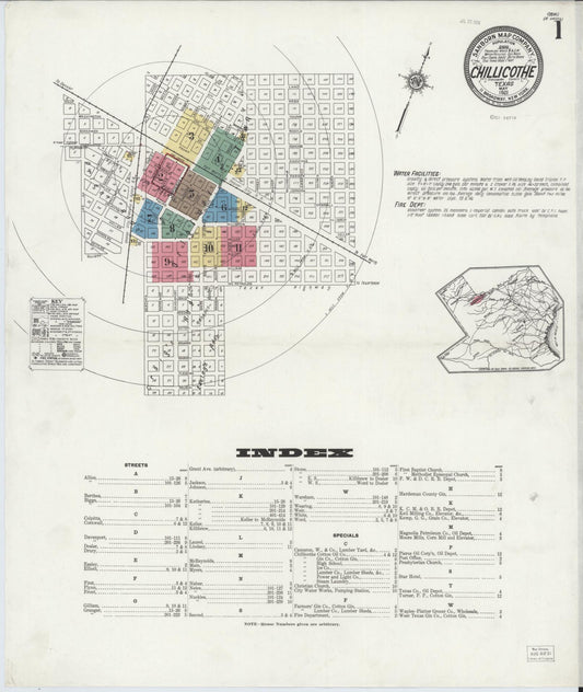 Sanborn Fire Insurance Map from Chillicothe, Hardeman County, Texas (1921), Sheet #0001 - Complete Map Set gallery image, historic Sanborn map, vintage wall art, Texas Texas