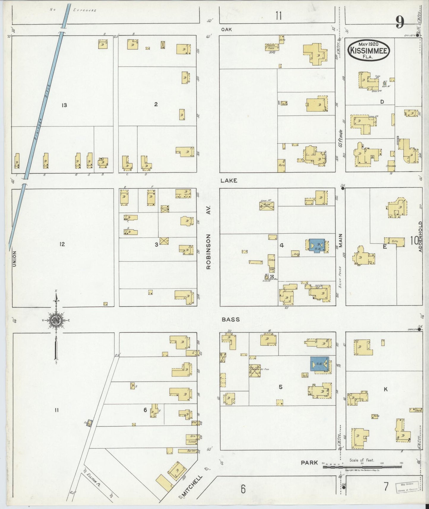 Sanborn Fire Insurance Map from Kissimmee, Osceola County, Florida (1920), Sheet #0009 - Historic Sanborn Fire Insurance Map Print, vintage old map wall art, antique decor, genealogy gift, Florida Florida map