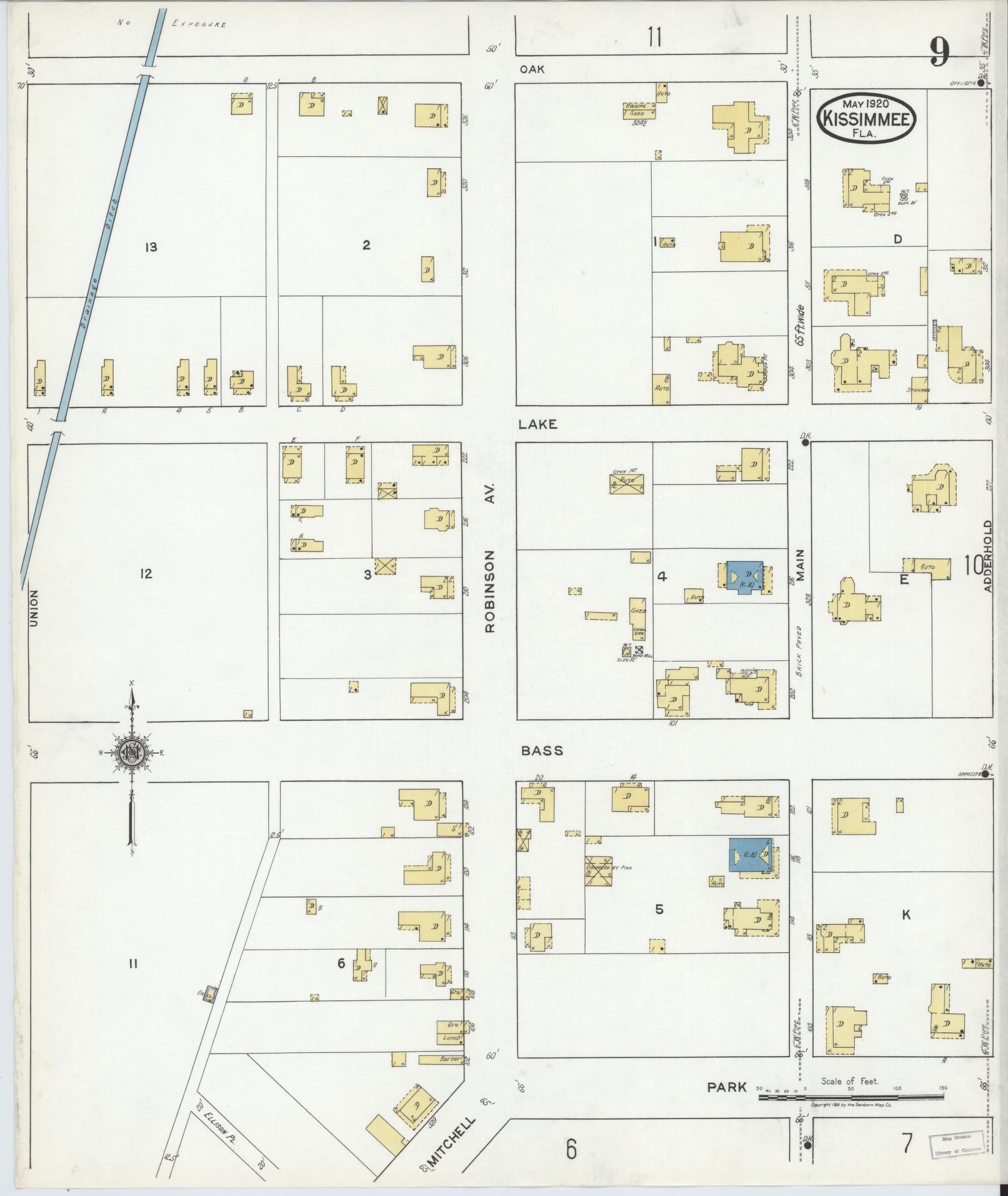 Sanborn Fire Insurance Map from Kissimmee, Osceola County, Florida (1920), Sheet #0009 - Historic Sanborn Fire Insurance Map Print, vintage old map wall art, antique decor, genealogy gift, Florida Florida map