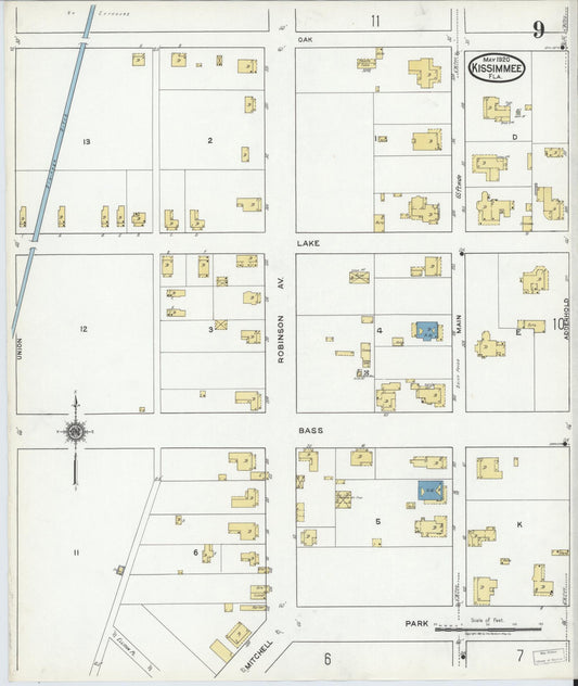Sanborn Fire Insurance Map from Kissimmee, Osceola County, Florida (1920), Sheet #0009 - Historic Sanborn Fire Insurance Map Print, vintage old map wall art, antique decor, genealogy gift, Florida Florida map