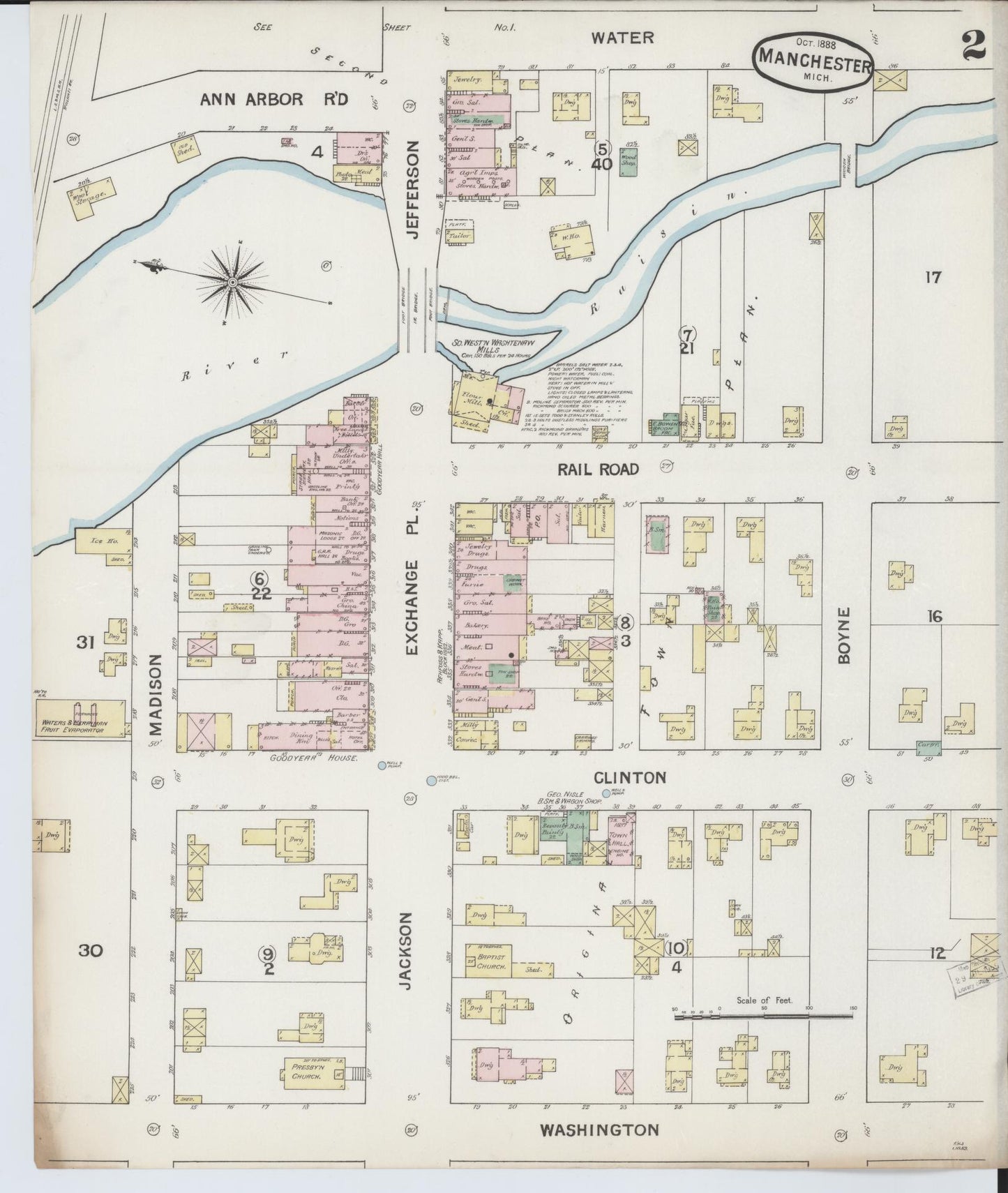 Sanborn Fire Insurance Map from Manchester, Washtenaw County, Michigan (1888), Sheet #0002 - Complete Map Set gallery image, historic Sanborn map, vintage wall art, Michigan Michigan