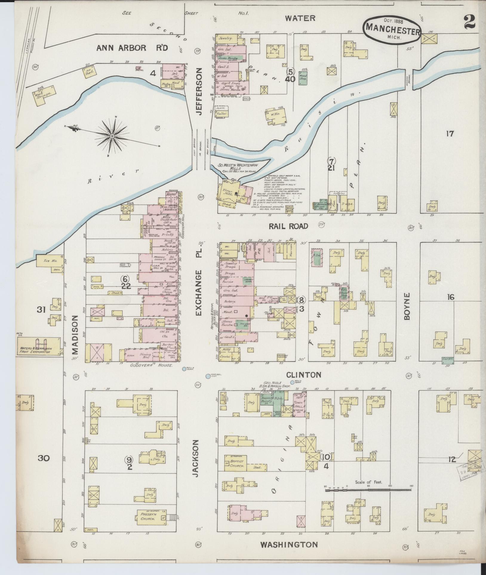 Sanborn Fire Insurance Map from Manchester, Washtenaw County, Michigan (1888), Sheet #0002 - Complete Map Set gallery image, historic Sanborn map, vintage wall art, Michigan Michigan