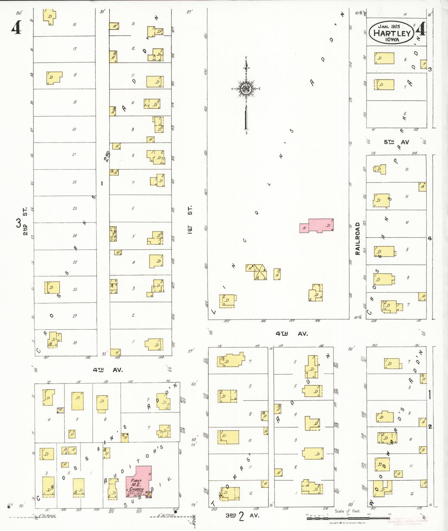 Sanborn Fire Insurance Map from Hartley, O'Brien County, Iowa (1925), Sheet #0004 - Historic Sanborn Fire Insurance Map Print, vintage old map wall art
