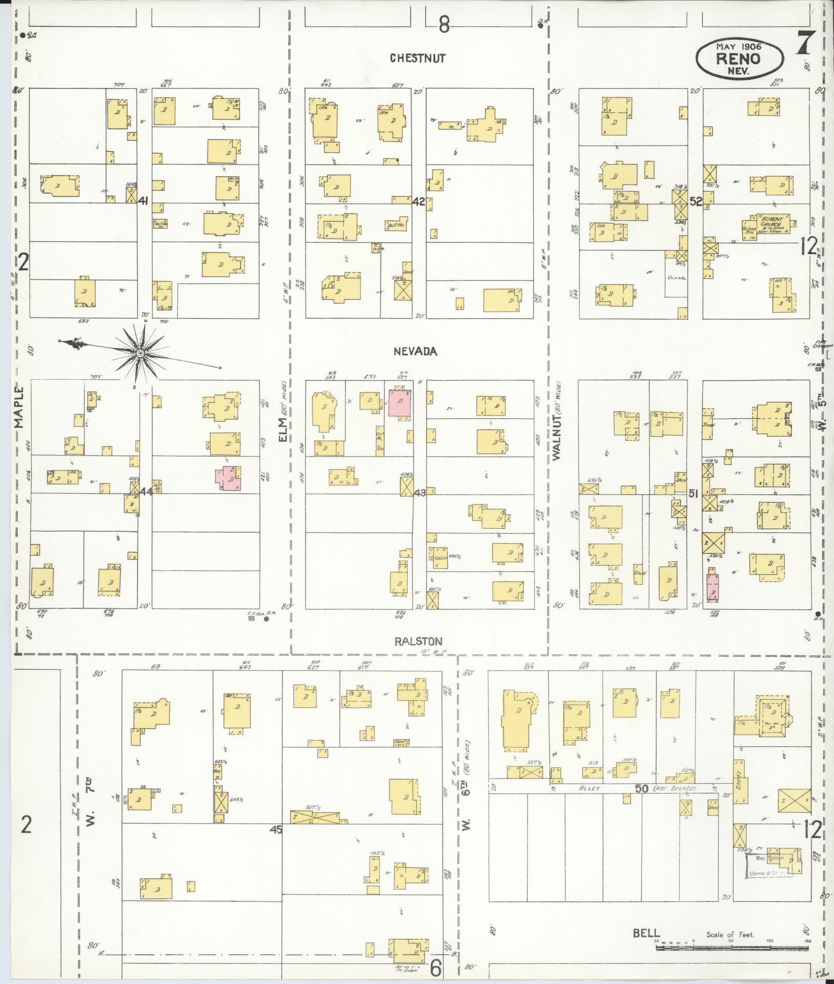 Sanborn Fire Insurance Map from Reno, Washoe County, Nevada (1906), Sheet #0007 - Historic Sanborn Fire Insurance Map Print, vintage old map wall art, antique decor, genealogy gift, Nevada Nevada map