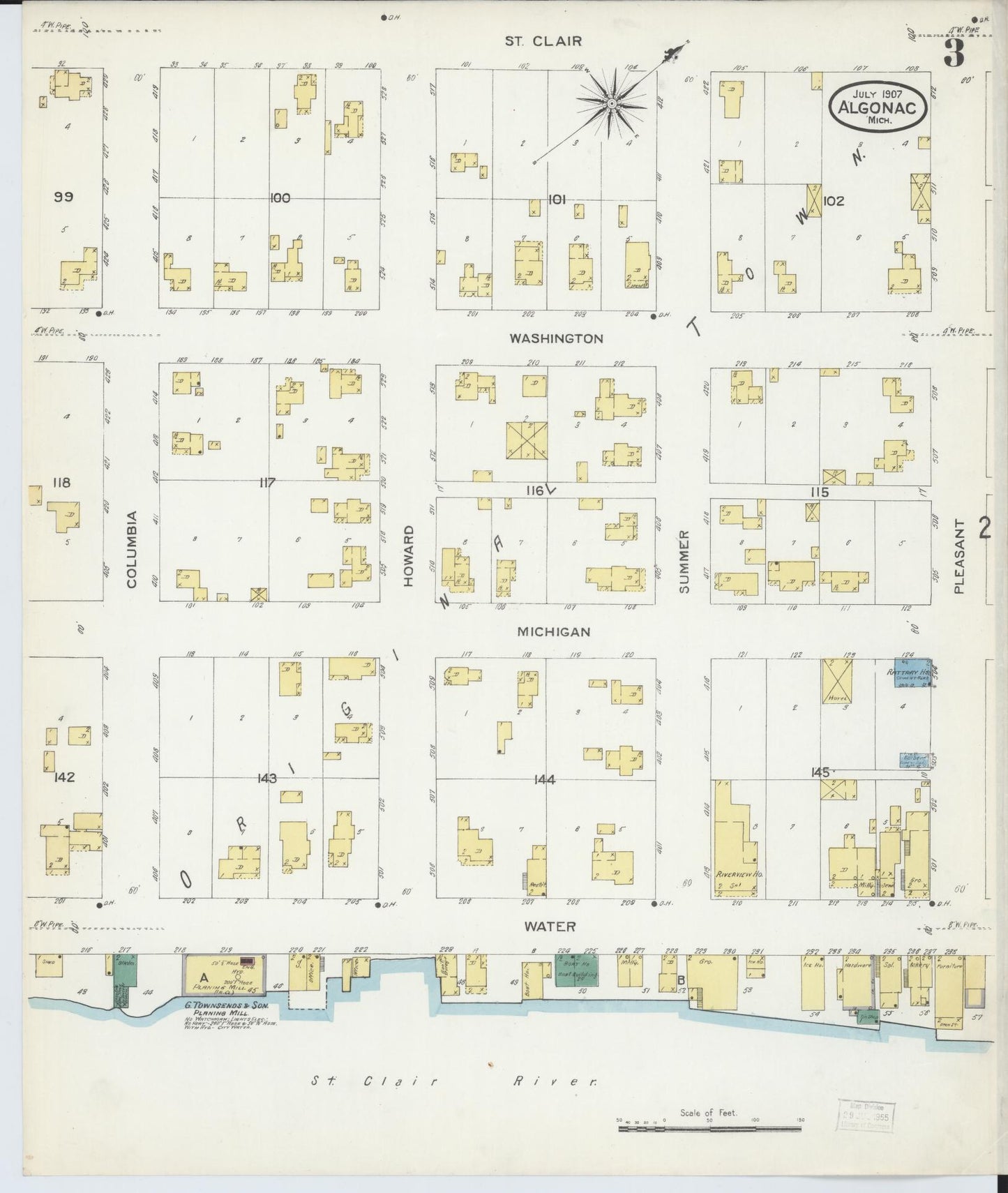 Sanborn Fire Insurance Map from Algonac, Saint Clair County, Michigan (1907), Sheet #0003 - Complete Map Set gallery image, historic Sanborn map, vintage wall art, Michigan Michigan