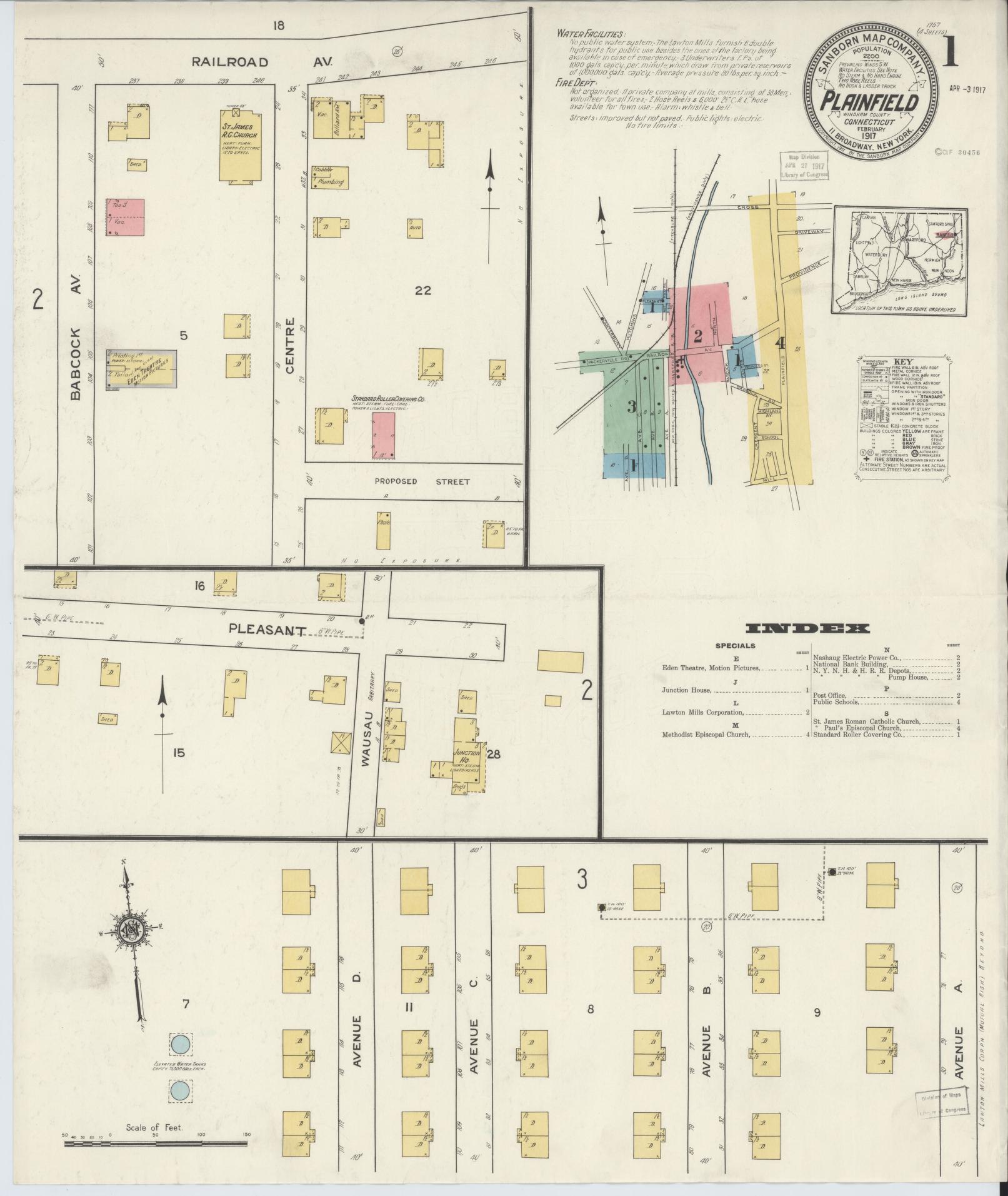 Sanborn Fire Insurance Map from Plainfield, Windham County, Connecticut (1917), Sheet #0001 - Complete Map Set gallery image, historic Sanborn map, vintage wall art, Connecticut Connecticut