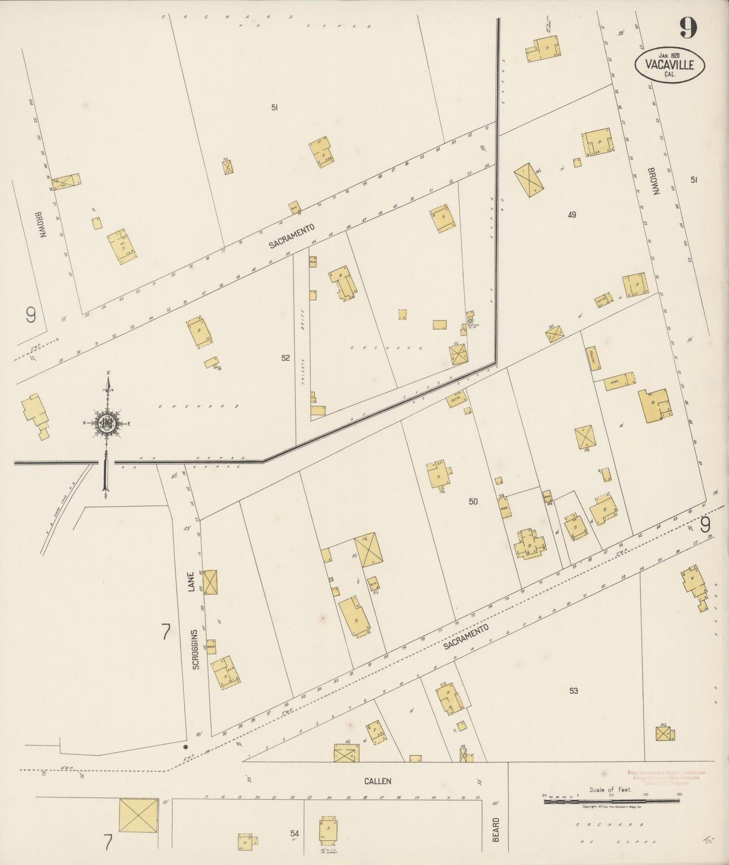 Sanborn Fire Insurance Map from Vacaville, Solano County, California (1920), Sheet #0009 - Complete Map Set gallery image, historic Sanborn map, vintage wall art, California California