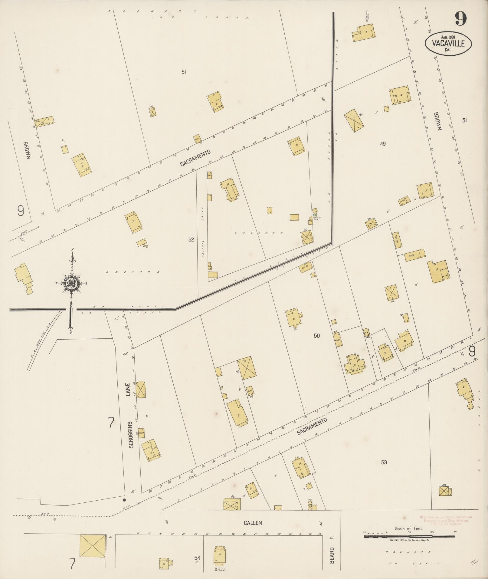 Sanborn Fire Insurance Map from Vacaville, Solano County, California (1920), Sheet #0009 - Complete Map Set gallery image, historic Sanborn map, vintage wall art, California California