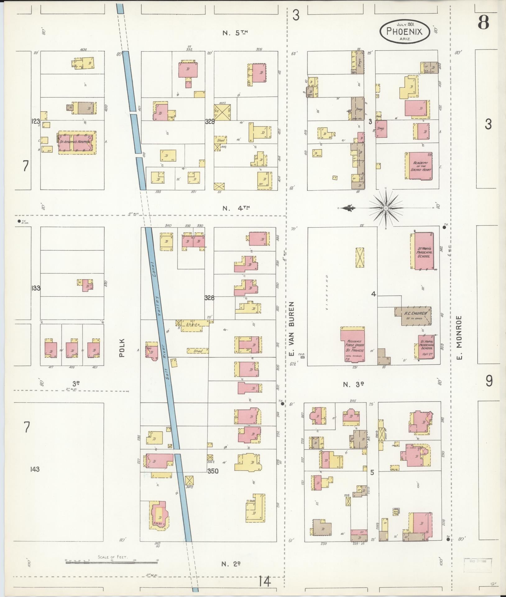 Sanborn Fire Insurance Map from Phoenix, Maricopa County, Arizona (1901), Sheet #0008 - Complete Map Set gallery image, historic Sanborn map, vintage wall art, Arizona Arizona