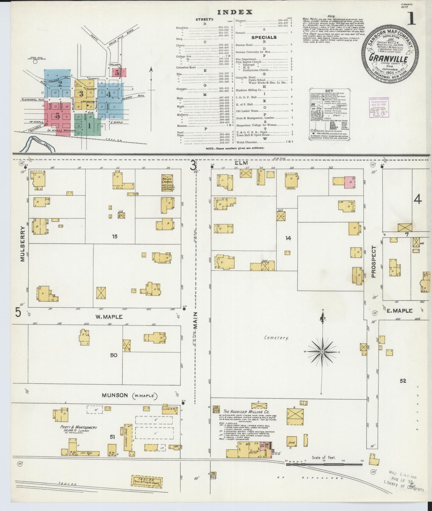 Sanborn Fire Insurance Map from Granville, Licking County, Ohio (1905), Sheet #0001 - Historic Sanborn Fire Insurance Map Print, vintage old map wall art, antique decor, genealogy gift, Ohio Ohio map