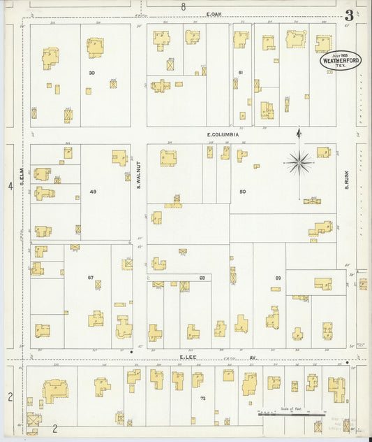 Sanborn Fire Insurance Map from Weatherford, Parker County, Texas (1905), Sheet #0003 - Historic Sanborn Fire Insurance Map Print, vintage old map wall art, antique decor, genealogy gift, Texas Texas map