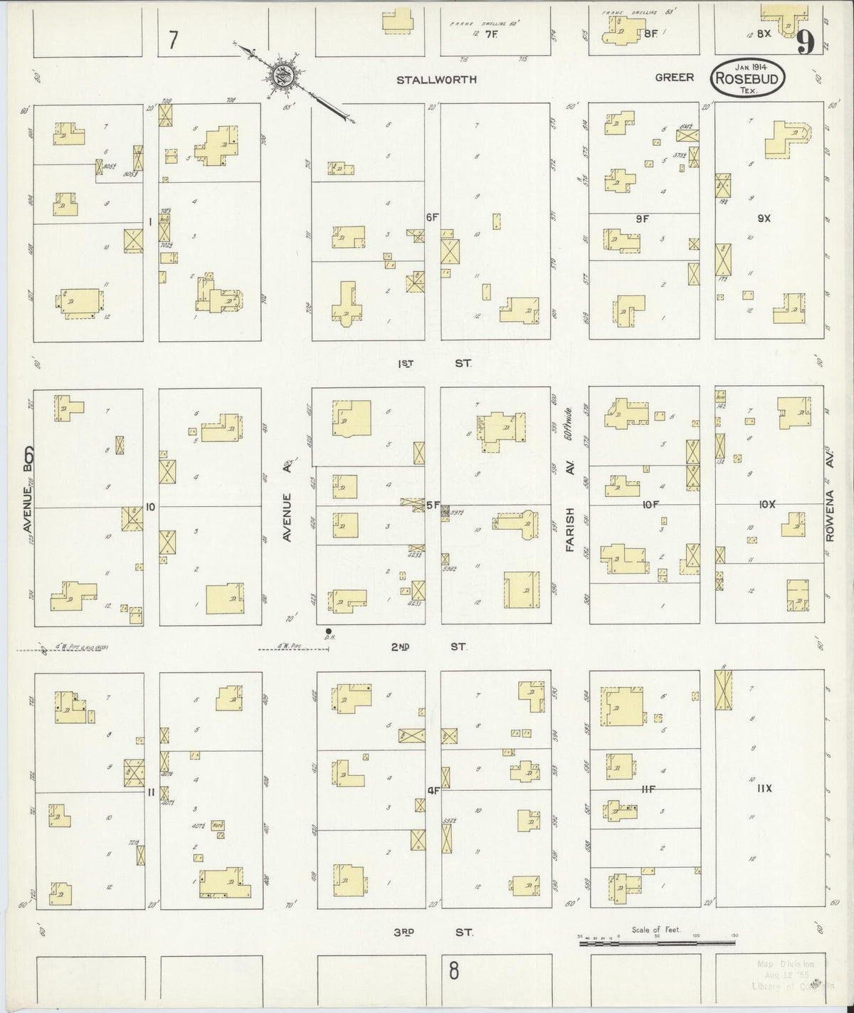Sanborn Fire Insurance Map from Rosebud, Falls County, Texas (1914), Sheet #0009 - Complete Map Set gallery image, historic Sanborn map, vintage wall art, Texas Texas