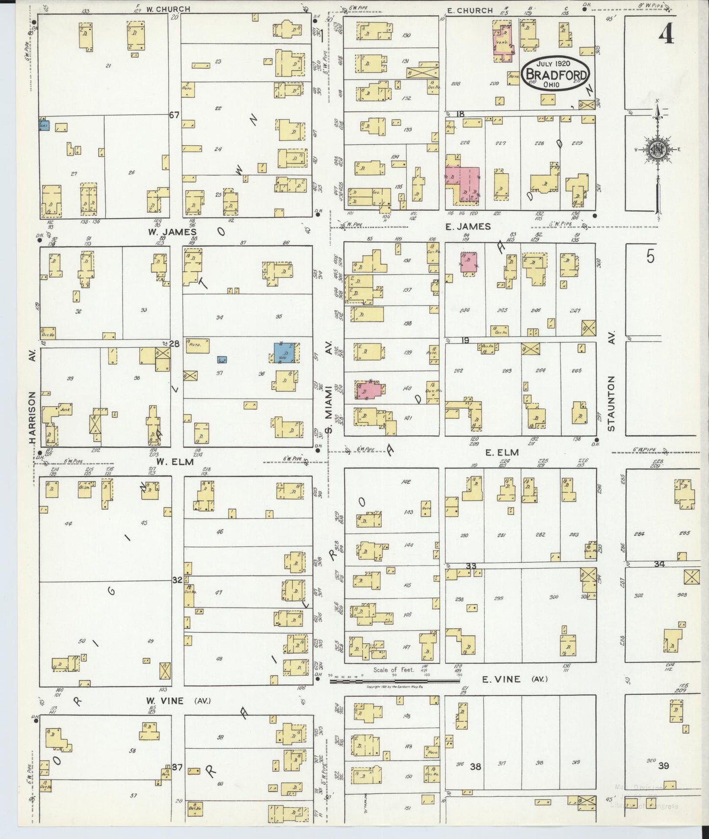 Sanborn Fire Insurance Map from Bradford, Darke and Miami Counties, Ohio (1920), Sheet #0004 - Historic Sanborn Fire Insurance Map Print, vintage old map wall art, antique decor, genealogy gift, Ohio Ohio map