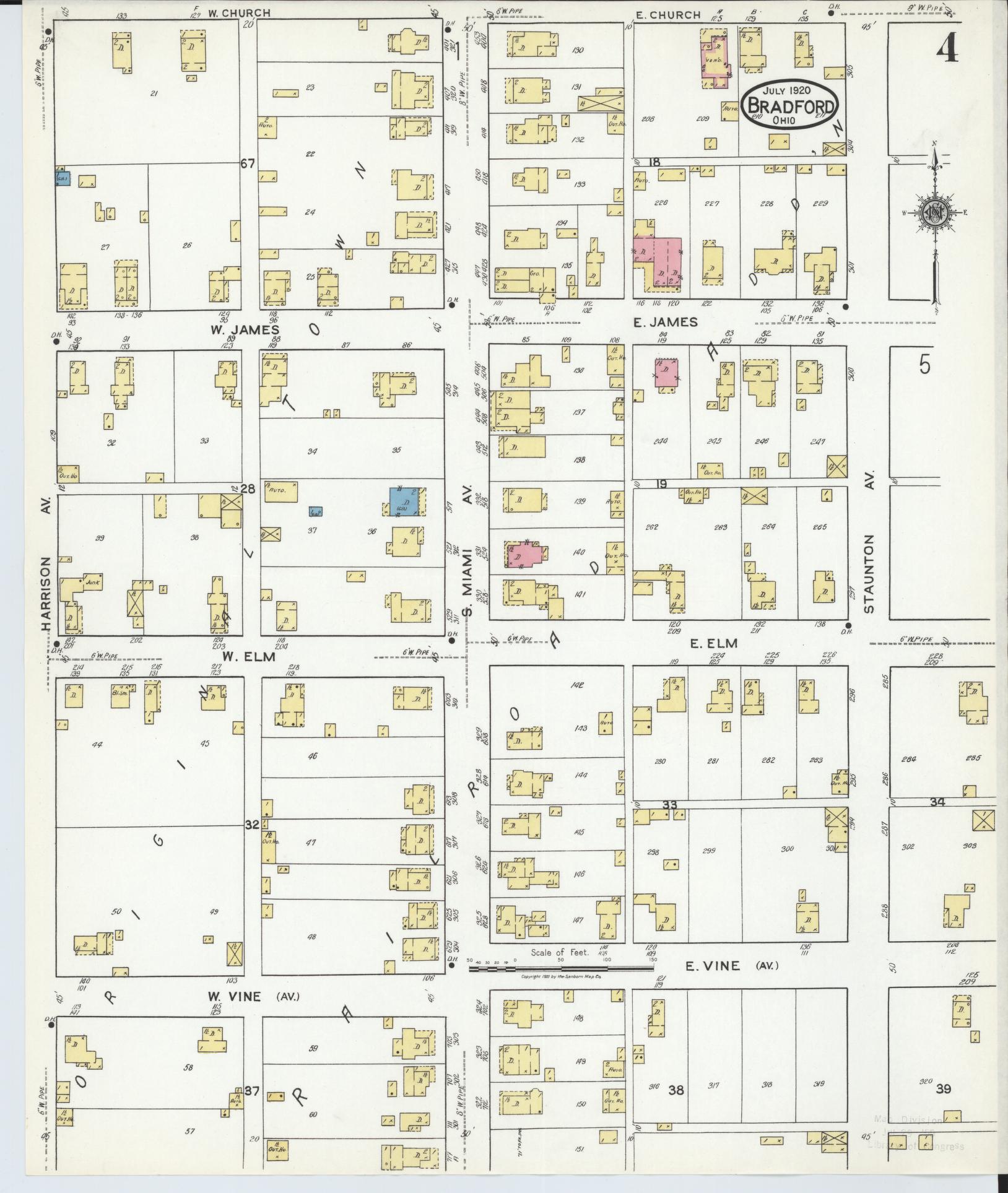 Sanborn Fire Insurance Map from Bradford, Darke and Miami Counties, Ohio (1920), Sheet #0004 - Historic Sanborn Fire Insurance Map Print, vintage old map wall art, antique decor, genealogy gift, Ohio Ohio map