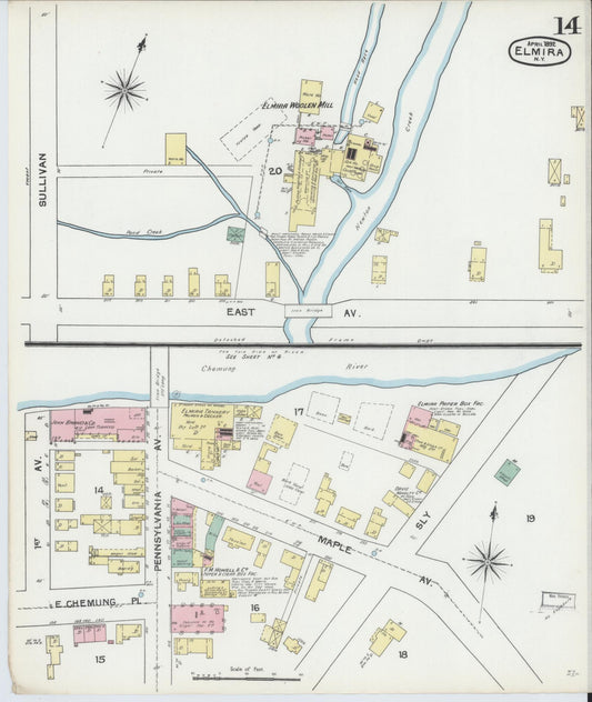 Sanborn Fire Insurance Map from Elmira, Chemung County, New York (1892), Sheet #0014 - Historic Sanborn Fire Insurance Map Print, vintage old map wall art, antique decor, genealogy gift, New York New York map