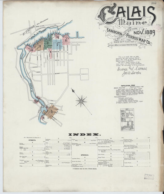 Sanborn Fire Insurance Map from Calais, Washington County, Maine (1889), Sheet #0001 - Historic Sanborn Fire Insurance Map Print, vintage old map wall art, antique decor, genealogy gift, Maine Maine map